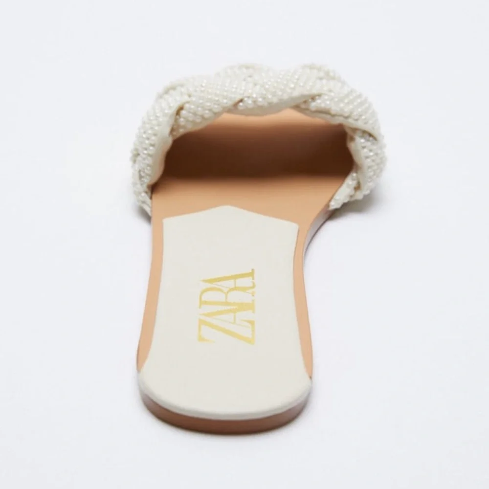 ZARA Pearl Detail Woven Slide Sandals - Picture 3 of 4